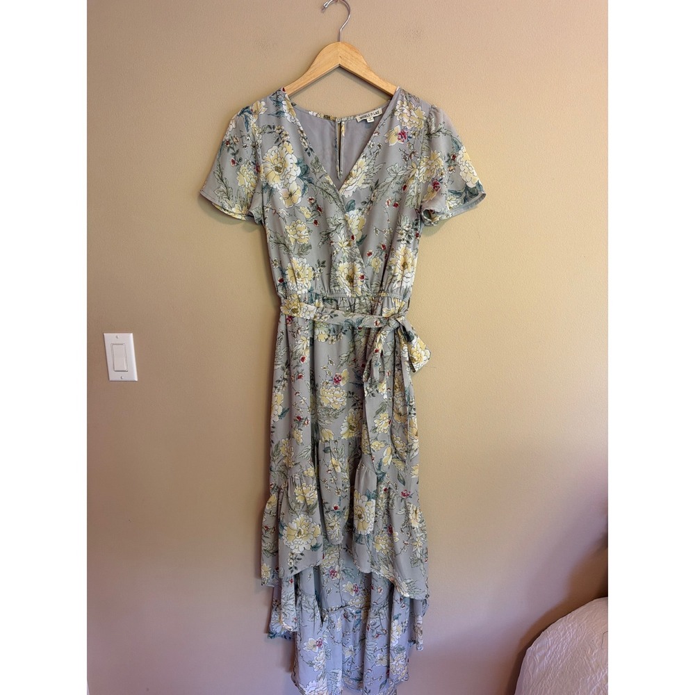 Tassels‎ N Lace Floral High-Low Maxi Dress Grey Yellow Surplice V-Neck Small